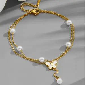 Butterfly Double Layer Pearl Anklet – Elegant Gold Color Foot Jewelry for Women