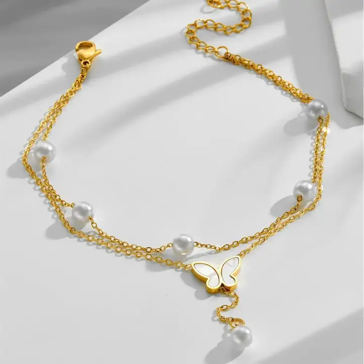 Butterfly Double Layer Pearl Anklet – Elegant Gold Color Foot Jewelry for Women