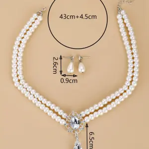 Elegant Rhinestone Pearl Drop Jewelry Set – Multilayer Flower Necklace & Earrings for Women