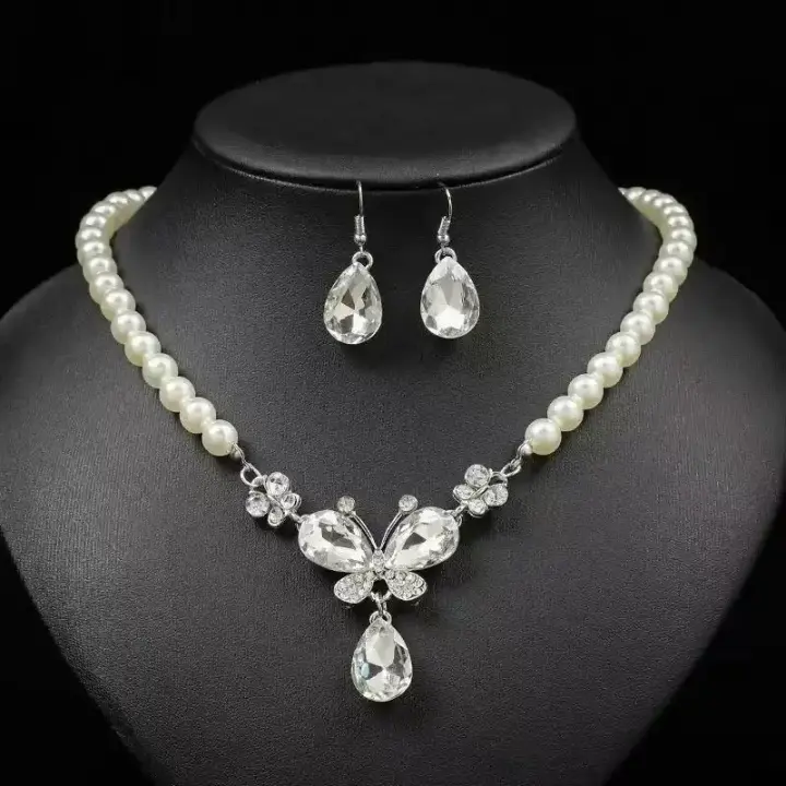 European & American Style Pearl Jewelry Set – Bridal Gem Necklace & Earrings