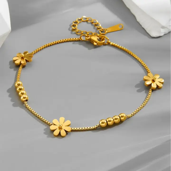 Welding Fixation Beading Daisy Flowers Charm Anklets Chain For Women