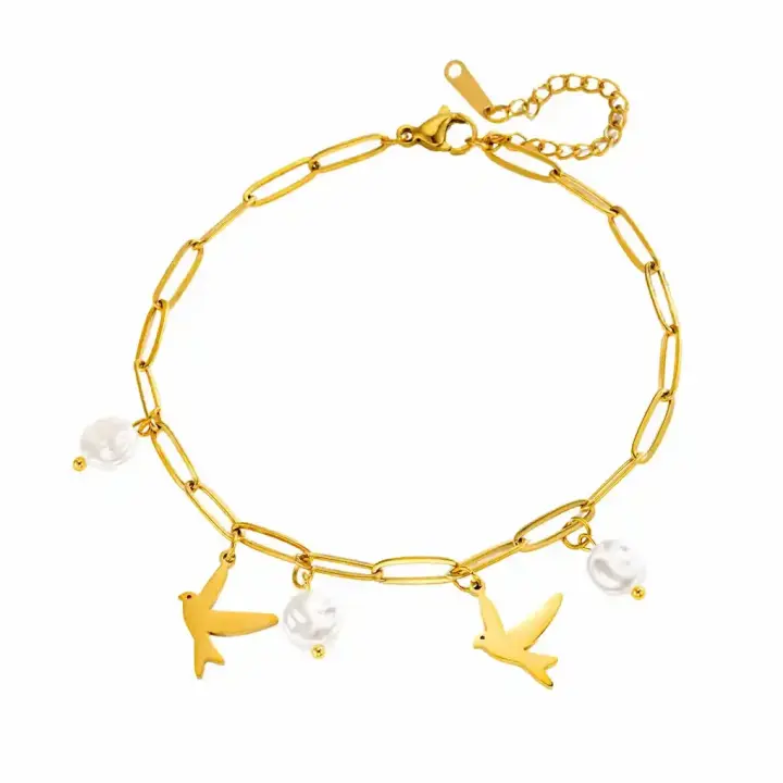 Gold Plated Bird & Pearl Charm Anklet – Elegant Chain Jewelry for Women
